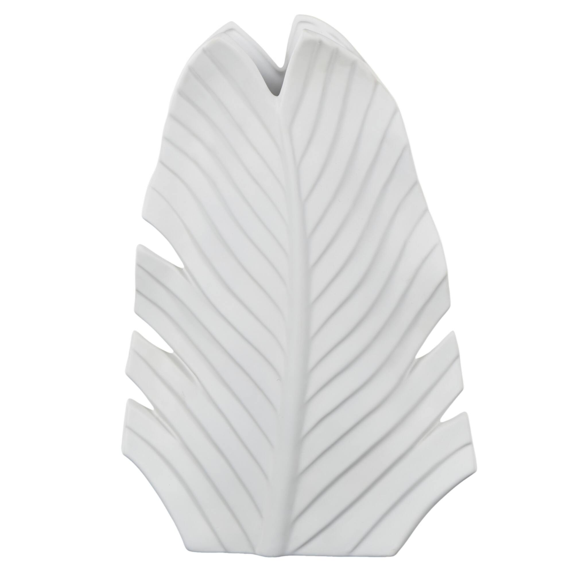 17" White Palm Tree Curved Leaf Decorative Ceramic Vase